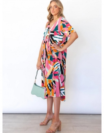 Replica V Neck Printed Ruffles Short Sleeve Long Dress Short Sleeve V Neck #796942 $23.66 USD for Wholesale