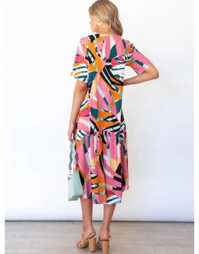 Replica V Neck Printed Ruffles Short Sleeve Long Dress Short Sleeve V Neck #796942 $23.66 USD for Wholesale