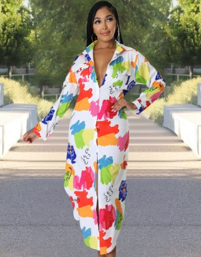 Replica Casual  Graffiti Long Sleeve Shirt Maxi Dress Long Sleeve Turndown Collar #796961 $32.17 USD for Wholesale