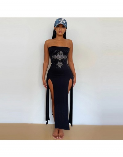  Hot Drilling Black Slit Strapless Maxi Dresses Sleeveless Boat Neck #796964 $20.41 USD, Wholesale Fashion Maxi Dresses