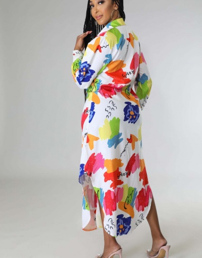 Replica Casual White Printed Long Sleeve Maxi Shirt Dress Long Sleeve Turndown Collar #796982 $27.10 USD for Wholesale