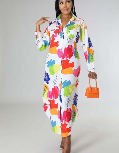 Replica Casual White Printed Long Sleeve Maxi Shirt Dress Long Sleeve Turndown Collar #796982 $27.10 USD for Wholesale