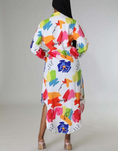 Replica Casual White Printed Long Sleeve Maxi Shirt Dress Long Sleeve Turndown Collar #796982 $27.10 USD for Wholesale