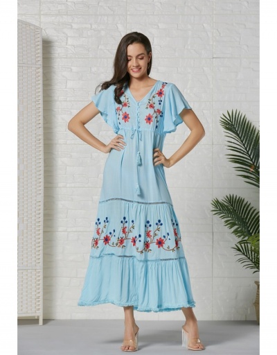  2022 Flower Embroidery Ruffled Sleeve Maxi Dress Short Sleeve V Neck #796992 $57.40 USD, Wholesale Fashion Maxi Dresses