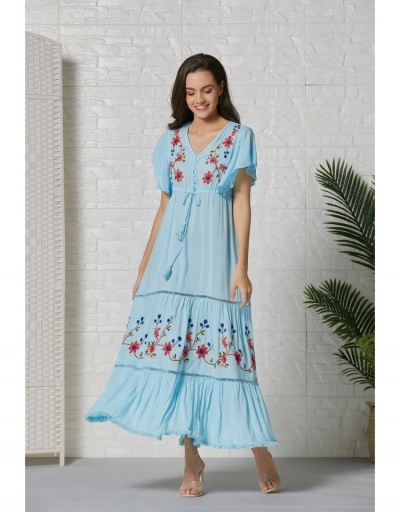 Replica  2022 Flower Embroidery Ruffled Sleeve Maxi Dress Short Sleeve V Neck #796992 $57.40 USD for Wholesale