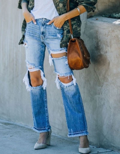 Ripped Hole Blue High Waist Straight Leg Jeans Women #797050 $27.10 USD, Wholesale Fashion Jeans