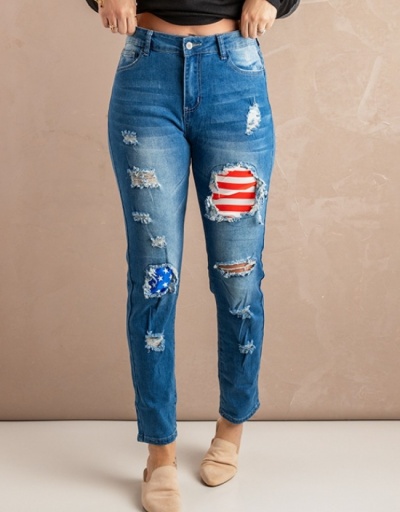 Ripped American Flag Patchwork  Straight Jean Trousers #797081 $37.40 USD, Wholesale Fashion Jeans