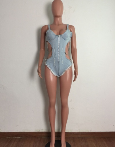 Replica New Hollow Out Denim One Piece Bodysuit  Sleeveless V Neck #797120 $32.76 USD for Wholesale