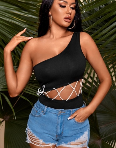  Sexy Hollowed Out One Shoulder Bodysuit Sleeveless Inclined Shoulder #797162 $17.55 USD, Wholesale Fashion Bodysuits