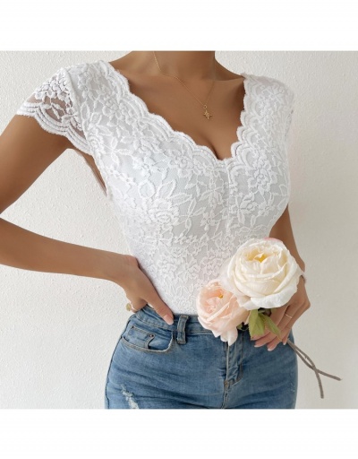 Replica  Summer Pure Color Deep V Lace Women's Bodysuits Short Sleeve V Neck #797167 $17.88 USD for Wholesale