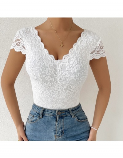 Replica  Summer Pure Color Deep V Lace Women's Bodysuits Short Sleeve V Neck #797167 $17.88 USD for Wholesale