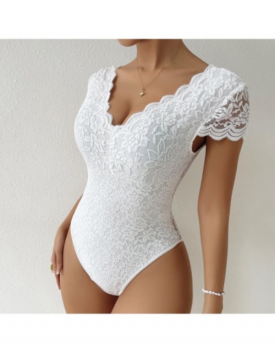 Replica  Summer Pure Color Deep V Lace Women's Bodysuits Short Sleeve V Neck #797167 $17.88 USD for Wholesale