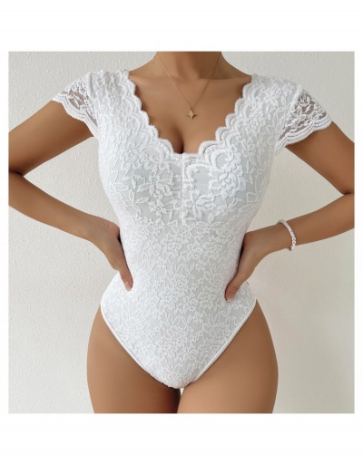 Replica  Summer Pure Color Deep V Lace Women's Bodysuits Short Sleeve V Neck #797167 $17.88 USD for Wholesale