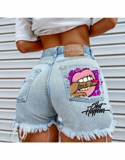  Women's Fashion Lips Printing Ripped Denim Shorts #797292 $23.28 USD, Wholesale Fashion Jeans