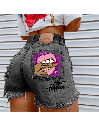 Replica  Women's Fashion Lips Printing Ripped Denim Shorts #797292 $23.28 USD for Wholesale