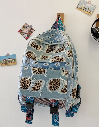 Replica Travel Leopard Patchwork Denim Tassel Backpack #798196 $31.59 USD for Wholesale