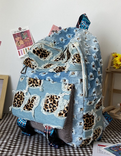 Replica Travel Leopard Patchwork Denim Tassel Backpack #798196 $31.59 USD for Wholesale