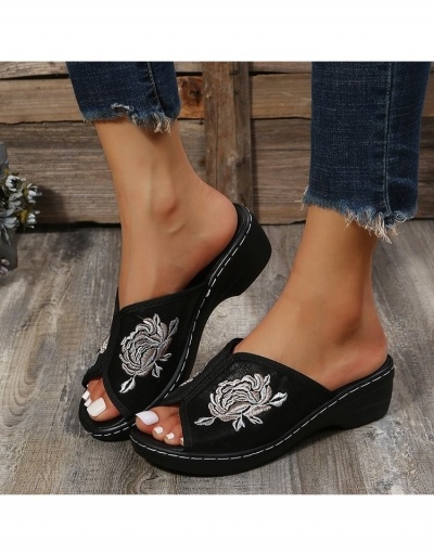 Replica Summer Women Black Flower Embroidery Heeled Slippers #798373 $26.71 USD for Wholesale