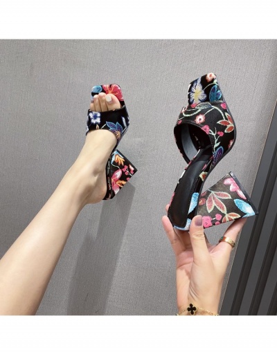 Retro Flower Pattern Chunky High  Heeled Slippers  #798535 $39.15 USD, Wholesale Fashion Heels