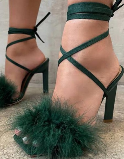 Replica Faux Fur Patch Solid Lace Up Ankle Strap Heels #799450 $24.38 USD for Wholesale