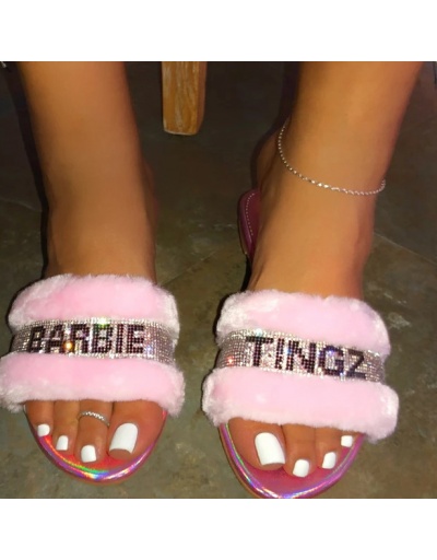 Rhinestone Letter Faux Fur Fluffy Slippers #800095 $16.35 USD, Wholesale Fashion Slippers