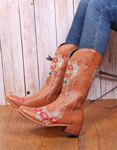  Round Toe Embroidery Women's Leather Medium Boots #801166 $55.95 USD, Wholesale Fashion Boots