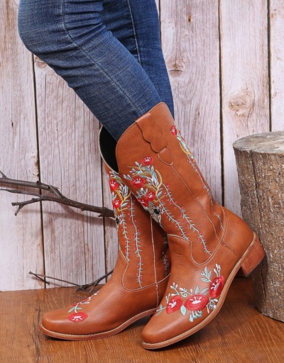 Replica  Round Toe Embroidery Women's Leather Medium Boots #801166 $55.95 USD for Wholesale