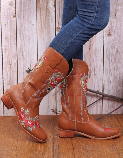 Replica  Round Toe Embroidery Women's Leather Medium Boots #801166 $55.95 USD for Wholesale