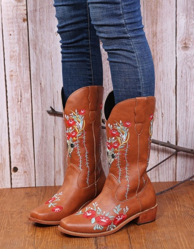 Replica  Round Toe Embroidery Women's Leather Medium Boots #801166 $55.95 USD for Wholesale