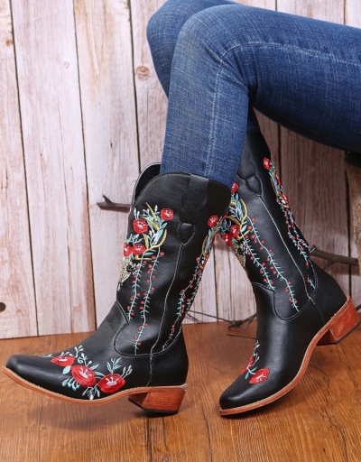 Replica  Round Toe Embroidery Women's Leather Medium Boots #801166 $55.95 USD for Wholesale