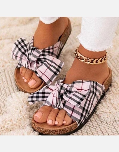 Summer Bow Plaid Beach Slide Slippers  For Women #801375 $31.55 USD, Wholesale Fashion Slippers