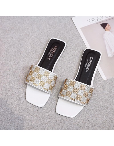 Replica Trending Fashion Square Toe Rhinestone Flat Slippers #801427 $30.38 USD for Wholesale