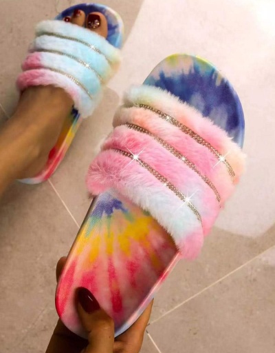 Colourful Printed Rhinestone Fluffy Slide Slippers #801439 $43.58 USD, Wholesale Fashion Slippers