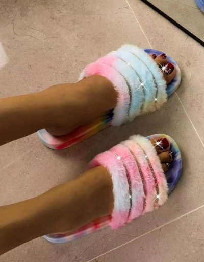 Replica Colourful Printed Rhinestone Fluffy Slide Slippers #801439 $43.58 USD for Wholesale