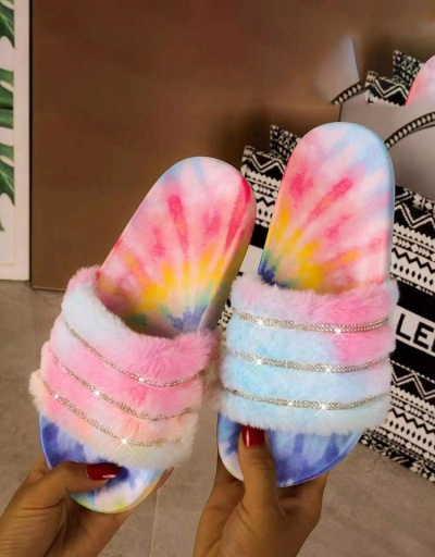 Replica Colourful Printed Rhinestone Fluffy Slide Slippers #801439 $43.58 USD for Wholesale