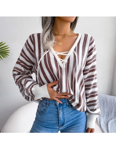  Casual Lantern Sleeve Bandage Striped Women's Sweater Long Sleeve V Neck #801700 $37.78 USD, Wholesale Fashion Sweaters &amp; Cardigans