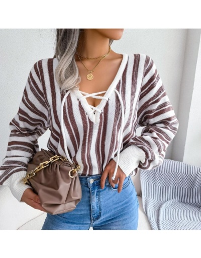 Replica  Casual Lantern Sleeve Bandage Striped Women's Sweater Long Sleeve V Neck #801700 $37.78 USD for Wholesale