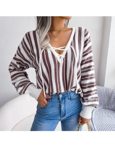 Replica  Casual Lantern Sleeve Bandage Striped Women's Sweater Long Sleeve V Neck #801700 $37.78 USD for Wholesale