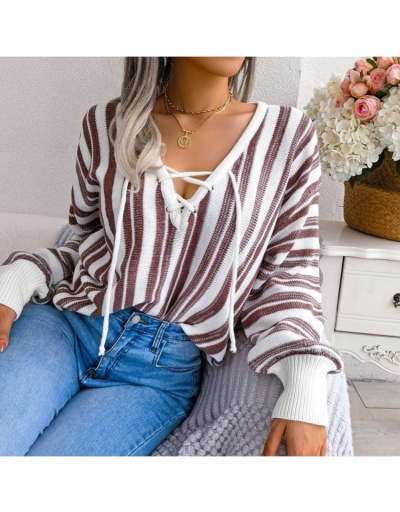 Replica  Casual Lantern Sleeve Bandage Striped Women's Sweater Long Sleeve V Neck #801700 $37.78 USD for Wholesale