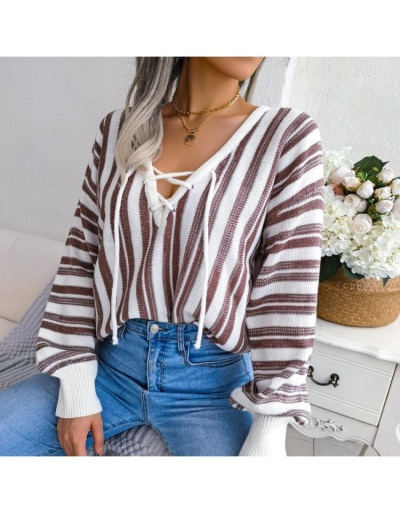 Replica  Casual Lantern Sleeve Bandage Striped Women's Sweater Long Sleeve V Neck #801700 $37.78 USD for Wholesale