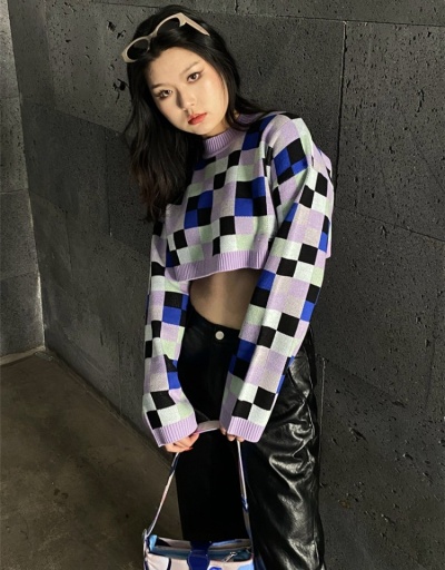 Replica  Fall Round Neck Plaid Crop Women's Knitwear Long Sleeve Crew Neck #801710 $48.78 USD for Wholesale