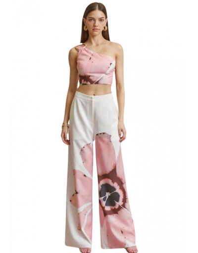 Replica Flower One-shoulder Cropped Wide Leg Pant Sets #801718 $38.63 USD for Wholesale