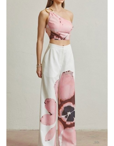 Replica Flower One-shoulder Cropped Wide Leg Pant Sets #801718 $38.63 USD for Wholesale