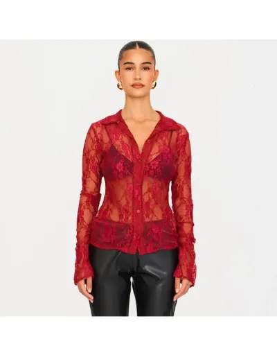 Floral Lace See Through Button Up Shirt #801922 $20.96 USD, Wholesale Fashion Blouses