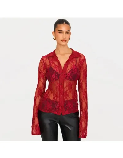 Replica Floral Lace See Through Button Up Shirt #801922 $20.96 USD for Wholesale