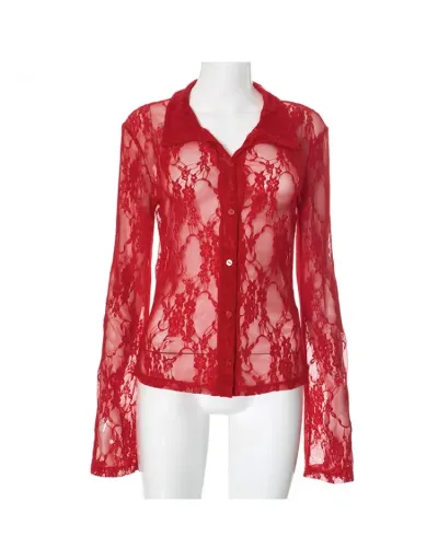 Replica Floral Lace See Through Button Up Shirt #801922 $20.96 USD for Wholesale