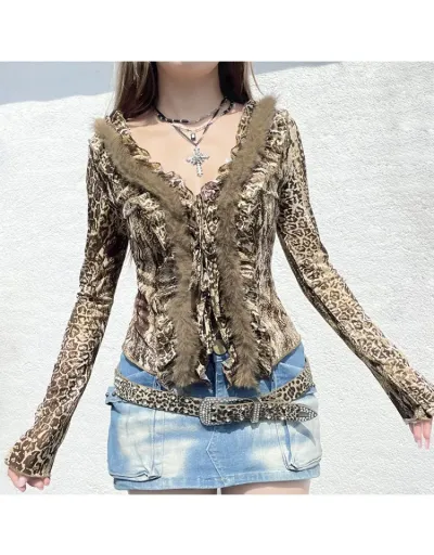 Replica Fake Fur Ruffle Edge V Neck Shirt #801923 $33.59 USD for Wholesale