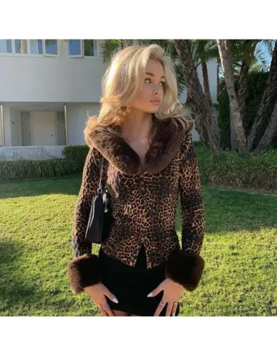 Fluff Lapel Leopard Button Up Fitted Shirt #801926 $40.29 USD, Wholesale Fashion Blouses