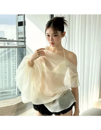 See Through Inclined Shoulder Blouses #801930 $20.96 USD, Wholesale Fashion Blouses