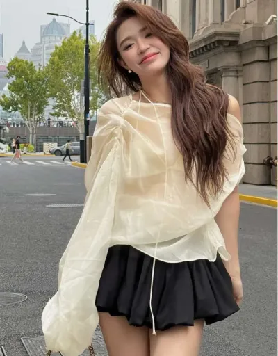 Replica See Through Inclined Shoulder Blouses #801930 $20.96 USD for Wholesale